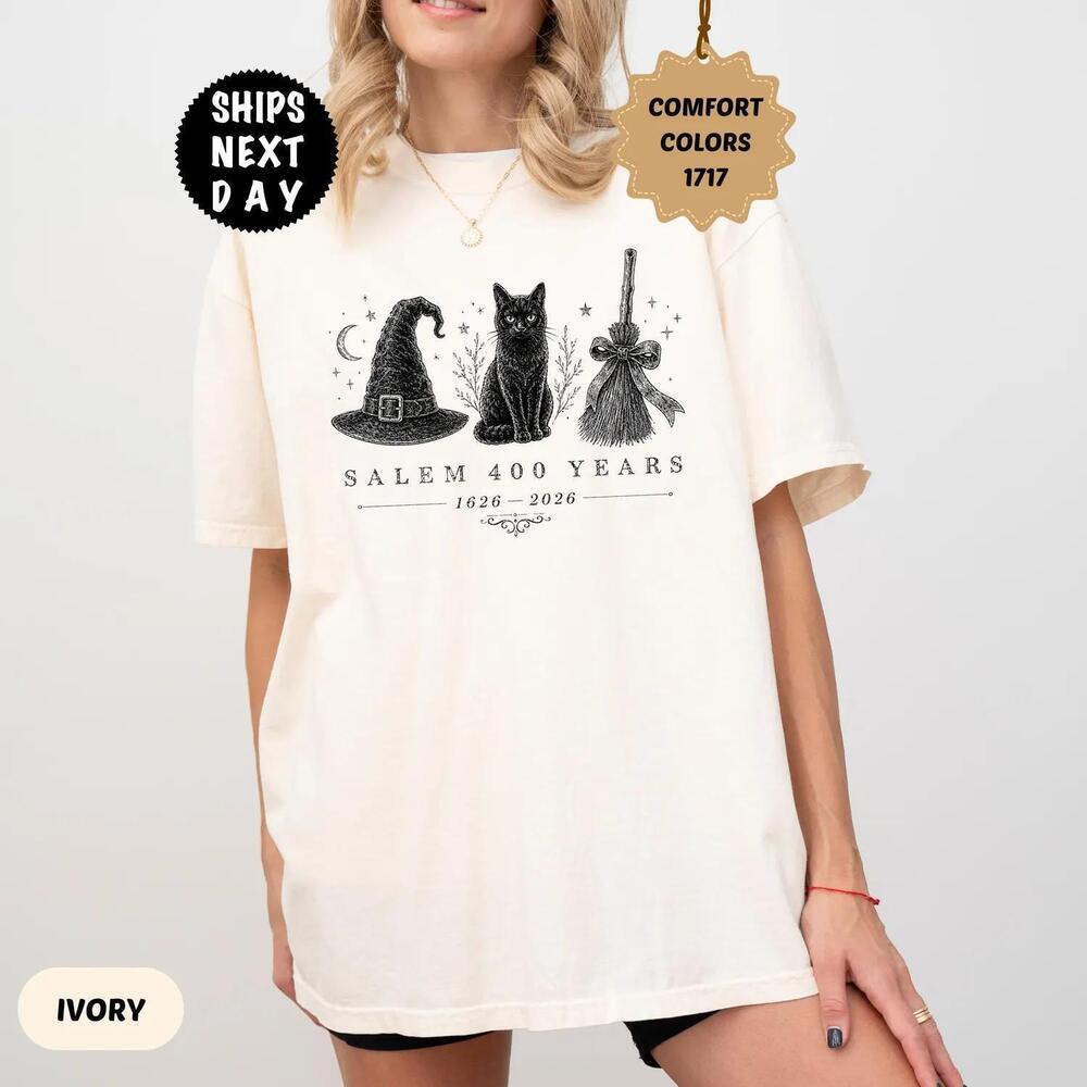 S Halloween Black Cat Shirt, Salem 400 Years Tee, Witch Hat Graphic